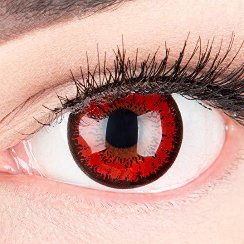 Rote Crazy Fun Kontaktlinsen 'Red Flower' ohne Stärke mit gratis Linsenbehälter - Topqualität zu Fasching, Karneval und Halloween