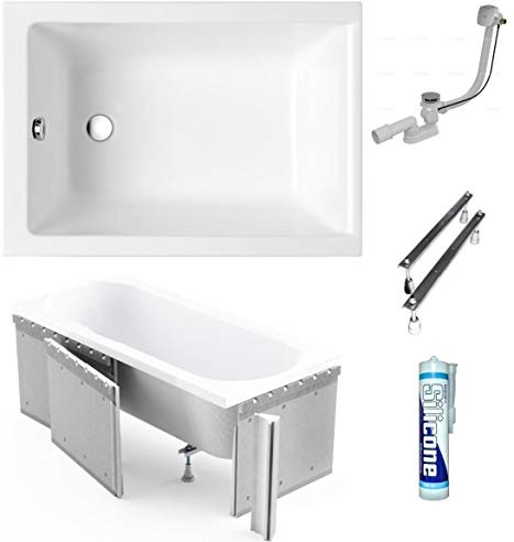 ECOLAM® Badewanne Capri Mini Polimat kleine Wanne Rechteck Acryl weiß 100x70 cm + Styroporverkleidung zum Verfliesen Ablaufgarnitur Ab- und Überlauf Automatik Füße Silikon