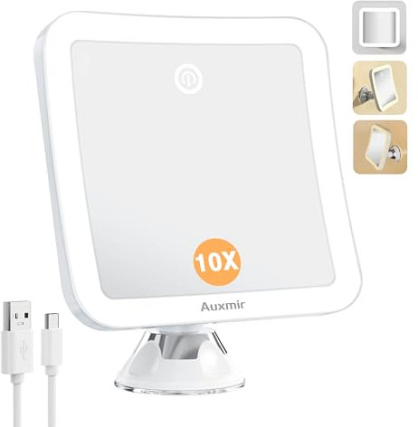 Auxmir Schminkspiegel mit Beleuchtung, 2000mAh Aufladbar Kosmetikspiegel mit Saugnapf, 3 Lichtfarben Dimmabre Helligkeit, Vergrößerungsspiegel 10fach mit Licht, 360° Drehbar, Tragbar für Bad, Reise