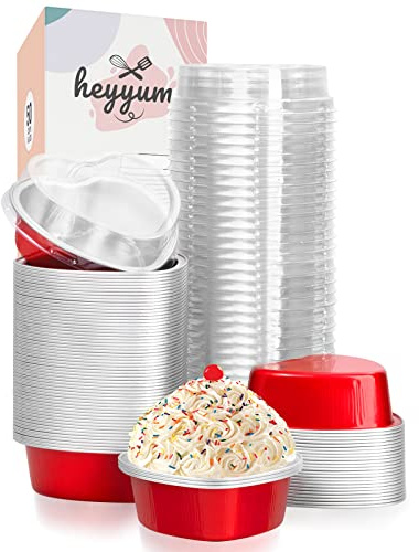 HEYYUMI 50pcs 3.4oz Mini Heart Shaped Cake Pans with Lids,Aluminum Foil Heart Baking Cups,Disposable Ramekins Liners Tins for Party