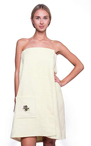 Ger3as Toalla Sauna para Mujer, Sarong de Sauna con Banda elástica y Cierre Sujetadores de Gancho y Bucle, Mujer Toalla de algodón 100%, Sauna Kilt de Bienestar Secado rápido (Beige)