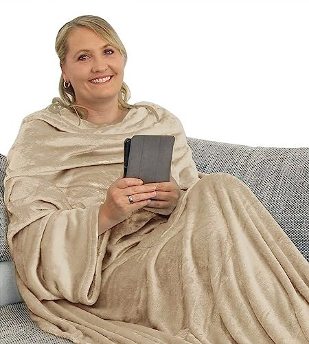 L.E.M.B. Hometrends Kuscheldecke mit Ärmeln TV Decke Sofadecke Ärmeldecke Wohndecke Fleecedecke Mikrofaser Strokkur 170 x 200 cm cc-beige