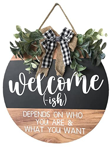 CHIJIRE Welcome Sign Front for Door Decoration, 12 in Round Wood Wreaths Wall Hanging Outdoor, Farmhouse, Porch, for Spring Summer Fall All Seasons Holiday Christmas