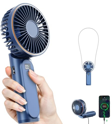 TUNISE Portable Handheld Fan, Portable Fan Rechargeable, 4000mAh, 180° Adjustable, 6 Speed Wind, Display Electricity in Real Time, USB Rechargeable Foldable F an, Quiet Personal Fan with Power Bank