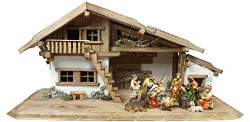 Woidwerk Manufaktur Weihnachtskrippe Krippe Krippenstall (W28+9cm Figuren) Weihnachten Weihnachtskrippen Krippenfiguren Tischkrippe