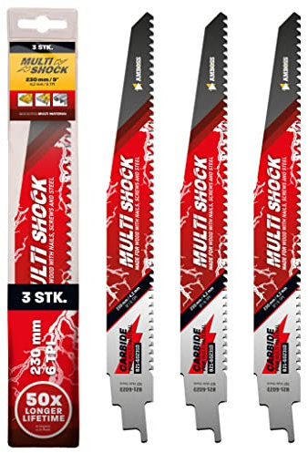 AMBOSS MULTI SHOCK - 3x Säbelsägeblatt Länge 230 mm / 6 ZpZ - ideal für Holz mit Nägeln und Holz mit Schrauben sowie Stahl - Multi Material