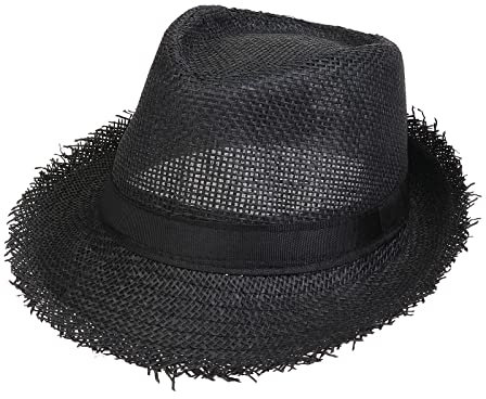 JK Home Fedora-Strohhut, aufrollbar, kurze Krempe, Trilby, Panama, Strandkappe, LSF 50+, für Herren/Damen, Sommer, klassisch, Urlaub, Reisen, Raw Edge Black, Einheitsgröße