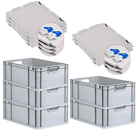 PROREGAL SuperSparSet 5x Eurobox NextGen Grip mit Scharnierdeckel und blauen Schiebeschnappverschlüssen, HxBxT 22x40x60cm, 44 L, Grau, Griffe offen, Eurobehälter, Transportbox