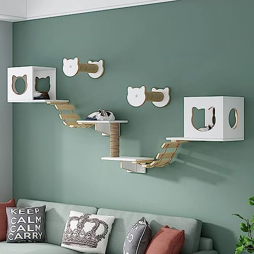 Kratzbaum Wand, Katzen Kletterwand, Wandmontiertes Natürliches, weißes Katzenklettergerüst aus massivem Holz, praktisch und platzsparend (Size : Combo4)
