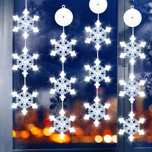 VEEKAY 4er Set LED Weihnachtsbeleuchtung, Weihnachten Lichter,12xLED Schneeflocken Weihnachtselemente,KaltesWeiß Lichtervorhang mit Saugnäpfe,Timer,Batteriebetrieben,für Weihnachtsdeko