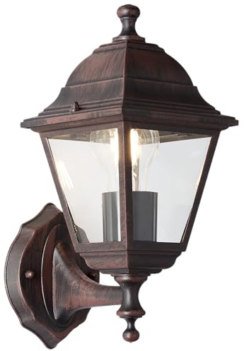 Lightbox Vintage Außen Wandlampe mit Glas Regenschutz - rostfarbene Outdoor | Außen Wandlampe, 31 x 14 x 19 cm, E27, max. 60 W, IP44, Metall/Glas