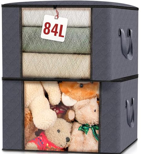 edihome, Cajas Almacenaje Ropa, Bolsas para Guardar Ropa, Organizador Armario, con Asas Reforzadas, Cajas Organizadoras, Fundas de Tela Resistente (Gris oscuro, Pack de 2)