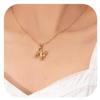 HAYOUWAY A-Z Bubble Letter Necklace Gold Kette Mit Buchstaben Anhänger Halskette Damen Balloon Initial Namenskette, N