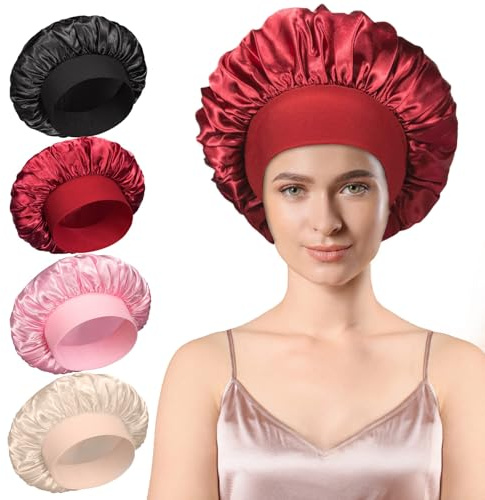 4Pcs Satin Bonnet, Hair Bonnet for Sleeping, Silk Hair Hat, Night Hair Sleeping Caps with Wide Elastic Band, Silk Bonnet is Suitable for Long and Curly Hair