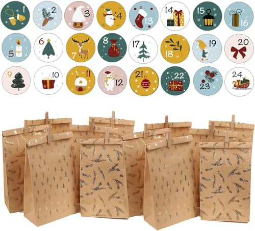 HERZONE Adventskalender zum Befüllen 24stk braunen Papiertüten zum selbst Befüllen und Zahlen Aufkleber – Adventskalender zum Basteln – DIY Adventskalender Selber Befüllen (gold 2type)