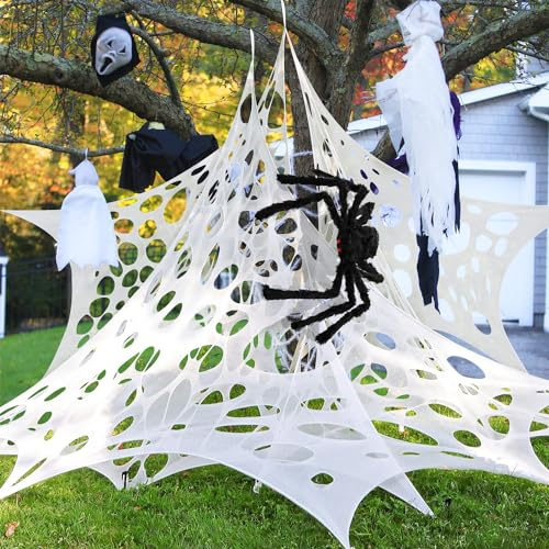 WenYa Giant Halloween Spider Web Kit with 36 Giant Spider | Stretchable DIY Cobweb & Beef Netting Gauze with Stakes | for Indoor Outdoor Yard House Party Halloween Decoration