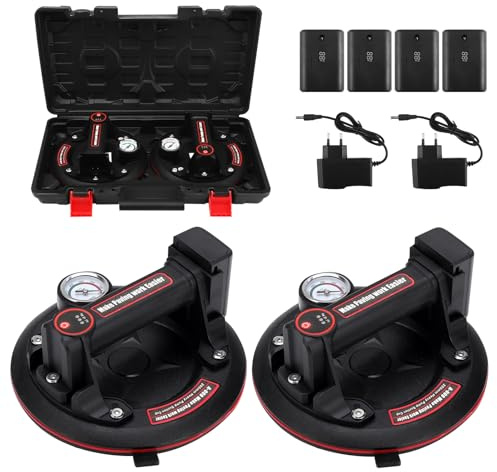 2 Pack 8 Saugheber Akku Fliesenheber mit Manometer, Tragkraft Max. 400 kg, Elektrischer Vakuum Saugheber mit Tragbarer Werkzeugkasten, Vakuumheber für Glas Fliesen Laminat, Vacuum Lifter