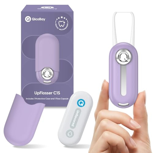 QicoBay UpFlosser C1S återanvändbar automatisk omtrådnings-flosser med utbytbar tandtrådskapsel, snabb och djup rengöring, bärbar flosser för resor, återvinningsbar noll-avfall-design, osmaksatt (Dawn
