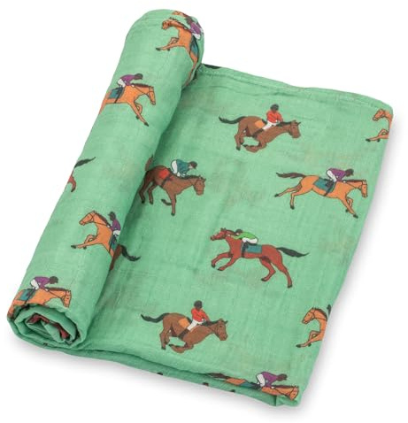 LollyBanks Swaddle Blanket, 100% Cotton Muslin Swaddle Blankets, Neutral Swaddle Blanket 47 x 47 Inches, Baby Blanket for Boys and Girls, Baby Essentials, Registry (Horse Racing Print)
