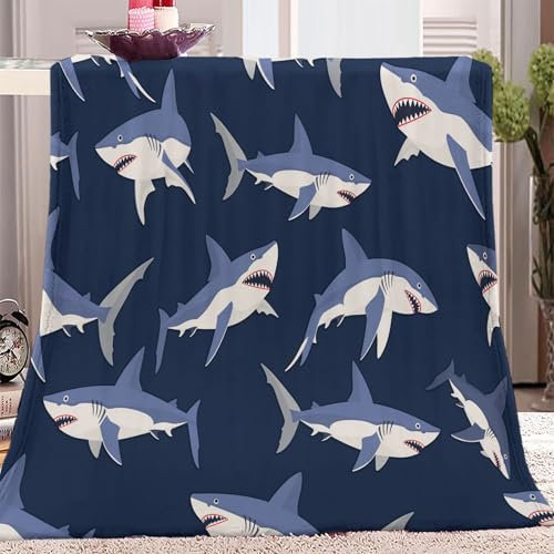 Kuscheldecke Tiere Einfacher Hai Blau Weiß, Personalisiert Decke Weichen Flauschig Flanelldecke, Warm Druck Muster Kuscheldecke Sofadecke Bettdecken Für Herbst Winter 130 x 150 cm