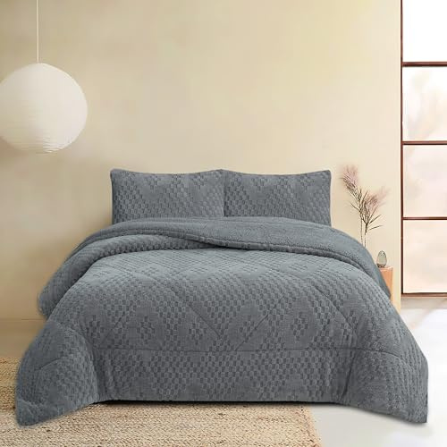 NH NOVOTEXTIL HOGAR Edredón Invierno Sherpa Cama 135 (230x260) Extra Grueso 560gr/m2 Efecto Borreguito - Edredón Suave, Cálido y Transpirable con 2 Fundas Almohada (50x70) (Poltava Gris)