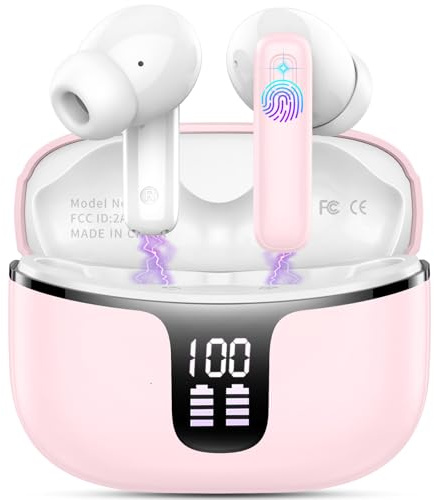 Bluetooth Kopfhörer, Kopfhörer Kabellos Bluetooth 5.3 mit 4 ENC Mic, In Ear Kopfhörer 40std Spielzeit Tiefer Bass, Noise Cancelling Wireless Earbuds IP7 Wasserdicht Ohrhörer LED Anzeige USB-C Rosa