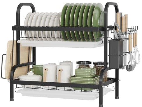 NETEL Égouttoir à 2 Niveaux, Égouttoir à Vaisselle avec égouttoirs Support de Planche à découper Support de Couverts Support de gobelets Panier à Vaisselle, Noir