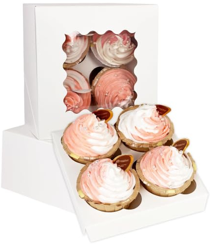 Gcardist Automatischer Popup 4 Cupcake-Boxen mit Fenster Weiße 12 Stück Cupcake-Boxen 16x16x7,6cm Bäckerei-Boxen für Cupcake-Träger, Cupcake-Behälter