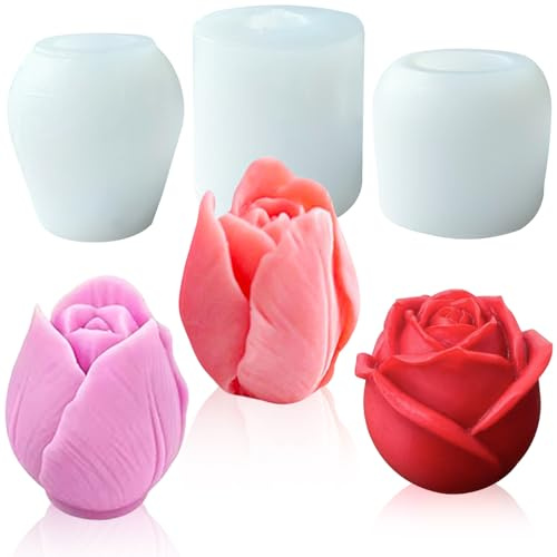 Moule bougie silicone forme de Tulipe 3D moules fleurs bougies Rose Moule Silicone Fleur Lot de 3 pour la fabrication de bougies, la décoration de gâteaux fondants Savons,Décoration Maison