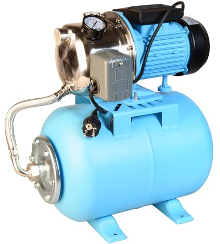 Hauswasserwerk JX 1100 Edelstahl INOX - Wasserpumpe (3600 l/h, 1100 W, Förderhöhe 50m) - 24L Druckkessel - Hauswasserautomat mit Druckschalter Manometer - für Brauchwasserversorgung Bewässerung Garten