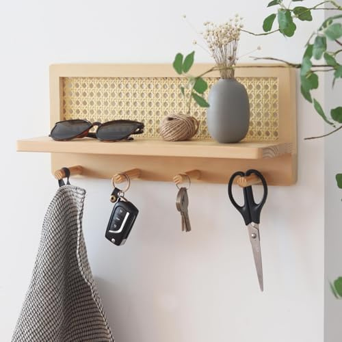 Braozaiw Nyckelhållare för vägg, nyckeltavla i trä med 5 krokar och nyckeltavlor med brevorganisatör, lämplig för entré, vardagsrum, hall, kontor, kök (Naturlig träfärg)
