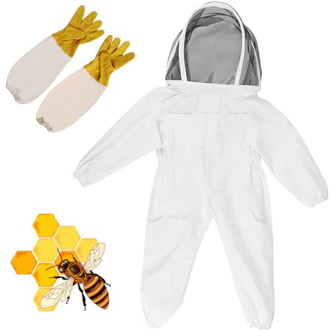 ChangTsing Imkeranzug Kinder, Bienenzucht mit Handschuhen für Kinder – Baumwolle mit Langen Ärmeln, Imkerbedarf Schutz für Kinder(Weiß, L)