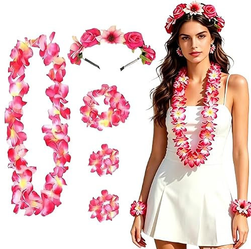 FeiOne Hawaii Outfit Damen 4-Teiliges Set Mit Blumenkranz, Blumenarmbändern Und Haarband, Ideal Für Strandpartys, Sommerfeste Und Karneval