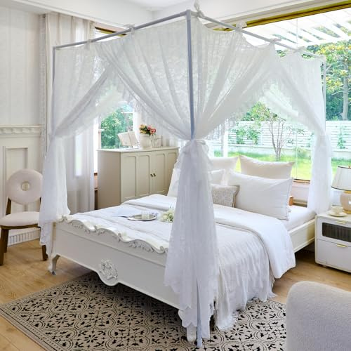 AIKASY Elegante Spitze Prinzessin 4 Poster Betthimmel Moskitonetz - Romantische Hochzeit Braut Schlafzimmer Dekor Kinderzimmer Bettvorhang für Damen Erwachsene - (Weiß - 3, Queen)