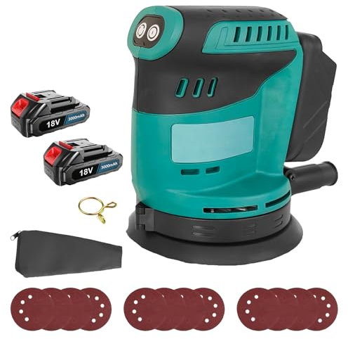Kabellos Exzenterschleifer, kompatibel mit Makita 18V Akkus, Akku-Exzenterschleifer Bürstenloser mit 2x3000mAh Akku, 12PCS Schleifpapier(Körnung 120/180/240), 3 Leistungsstufe, zum Schleifen Polieren