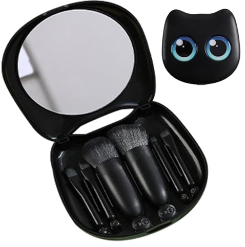 Yulokdwi Juego de Brochas de Maquillaje,Set de 6 Brochas Cosméticas - Accesorios De Belleza Portátiles Con Caja Con Espejo En Forma De Gato Para Mujeres, Uso Diario, Regalos De Cumpleaños Y Amantes De