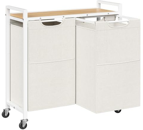 HOOBRO Cesto para Ropa Sucia, Cesta Colada con 2 Bolsas Extraíbles, Carro de Lavandería, 2 x 49,5 L, 70 x 30 x 77 cm, para Lavadero, Baño, Blanco y Natural EWN72XY01