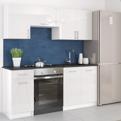 roe furniture Küchenzeile ohne Elektrogeräte - Modern Einbauküche 180 cm - Küche Komplett Leco - Küchenblock - Geräumige Singleküche - Küchenmöbel Komplett Weiß Hochglanz & Weiße Arbeitsplatte