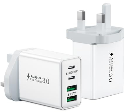 2-Pack USB C Plug UK, 40W Multi USB Plug Fast Charger Dual USBC Power Adapter+QC Multiport Wall Charger Plug Double Type C Charging Head for iPhone 17 16 15 14 13 12 11 Pro Max Plus, iPad, Samsung