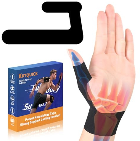 Förskurna kinesiotejp för fingerskydd, KTQUICK 10 stycken kinesiologitejp för tummen, hudvänlig med perfekt bärkomfort, vattentät och elastisk fysio, fingerförband höger-svart