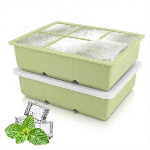 2 Pack Green Silicone Ice Cube Tray with Lid, Large Ice Cube Moulds Stackable for Freezer, Easy Release Ice Trays for Whiskey Cocktails Coffee Juice