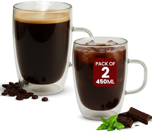 Fusion Food Double Walled Coffee Glasses Mugs - Pack of 2x450ML Cappuccino Latte Macchiato Glasses Cups for Coffee, Tea, Milk, Juice & Ice Cream |Borosilicate Heat Resistant Glass Cups