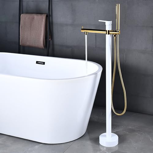Armatur Badewanne Freistehend Weiß + Gold 360° Drehbarer Einhebel Badezimmer Armatur mit Handbrause