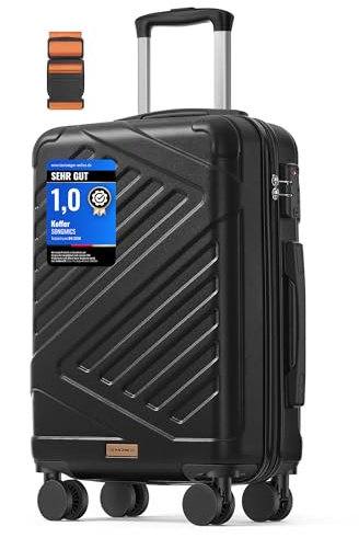 SONGMICS Koffer, Reisekoffer, Hartschalenkoffer mit TSA-Schloss, Koffergurt, ABS-Trolley, 4 Zwillingsrollen, Handgepäck-Koffer, M, 55 cm, tintenschwarz RLP001B101