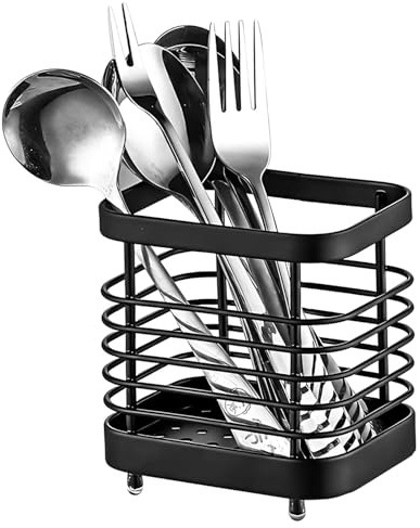 Tharvolex Small Utensil Holder for Countertop, Stainless Steel Cutlery Drainer, Black Wire Mesh Caddy with Non-Slip Feet for Teaspoons, Small Cutlery & Chopsticks, 3.9 × 2.9× 4.1