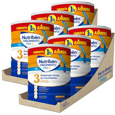 Nutribén Crecimiento Pro+ 3 - Leche en Polvo Bebé | Leche de Fórmula a partir de los 12 Meses | sin Aceite de Palma | con 13 Vitaminas | 6 Botes de 1KG