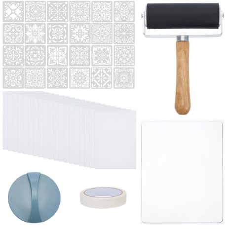 WEBEEDY Kit di piastre per stampa in gel fai da te, accessori per stampa grafica con piastra in gel da 12,7 x 17,7 cm, 30 fogli di carta grafica A5, rullo, 24 stili di stencil e strumenti per arte