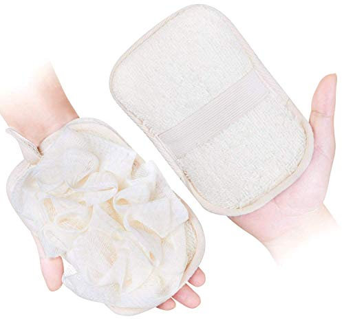 mikimini Badehandschuhe für Damen, 2 Stück, Natürlicher Luffa-Schwamm & Peeling-Pad, Wiederverwendbarer Duschhandschuh für Körperpflege, Peeling und SPA