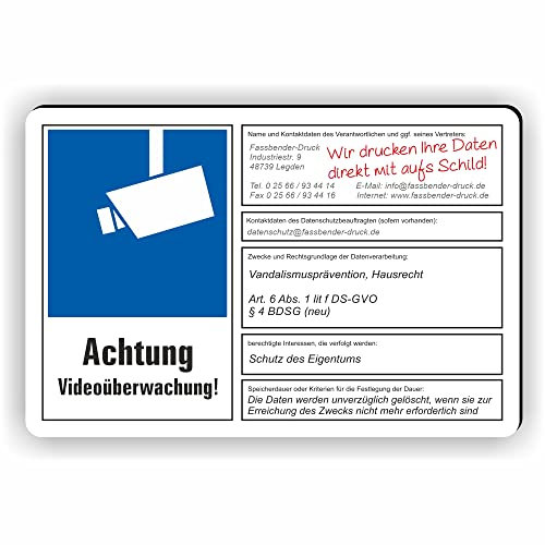 Fassbender-Druck SCHILDER dsgvo BDSG mit Wunschtext - Videoüberwachung Schild/VÜ-014 (45x30cm SCHILD)