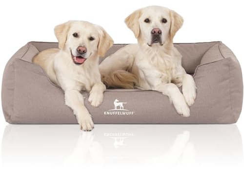 Knuffelwuff Orthopädisches Wasserabweisendes Hundebett Leon aus Velours mit Handwebcharakter XXL 120 x 85cm Beige-Grau - abnehmbarer Bezug - waschbar - für große, mittelgroße und kleine Hunde